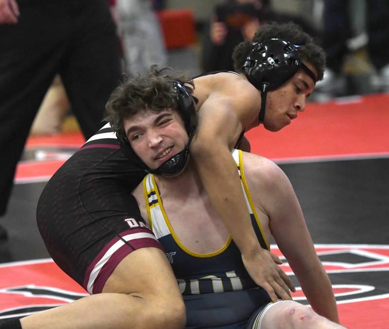 Polo's Keagan Bonnell battles Dakota's Jay Pearson at 175 pounds in their consolation final match at the 1A Stillman Valley Sectional on Saturday, Jan. 31, 2026 at Stillman Valley High School.