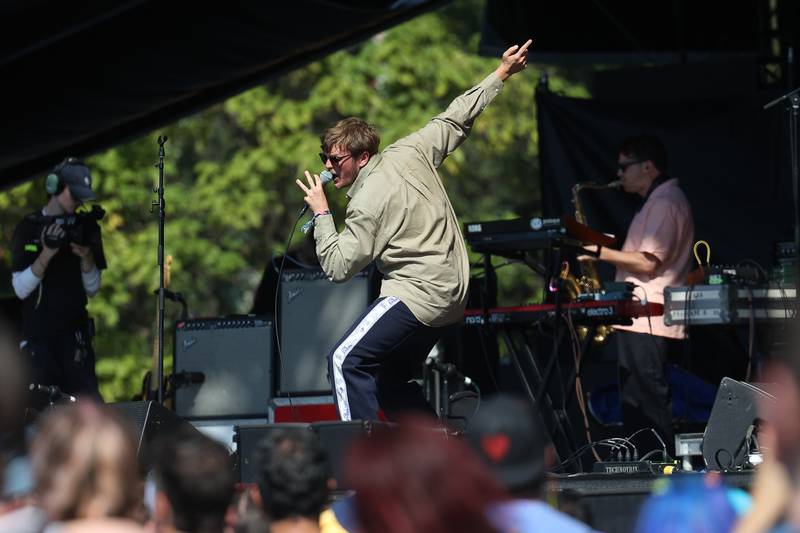 James Smith of Yard Act performs on the Riot Stage on day one of Riot Fest, Friday, Sept. 15, in Chicago.