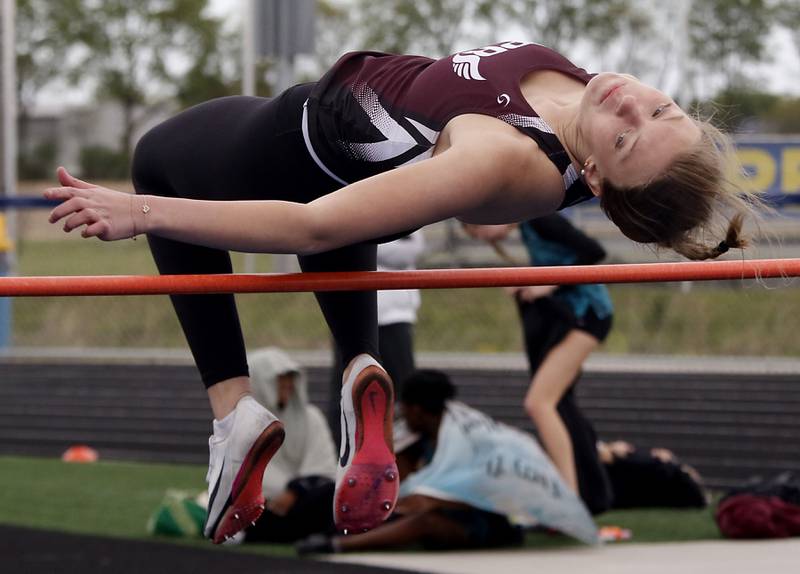 Prairie Ridge’s Jessie Merritt competes in the high jump during the IHSA Class 2A Johnsburg Girls Track and Field Sectional Meet on Wednesday, May 13, 2026, at Johnsburg High School.