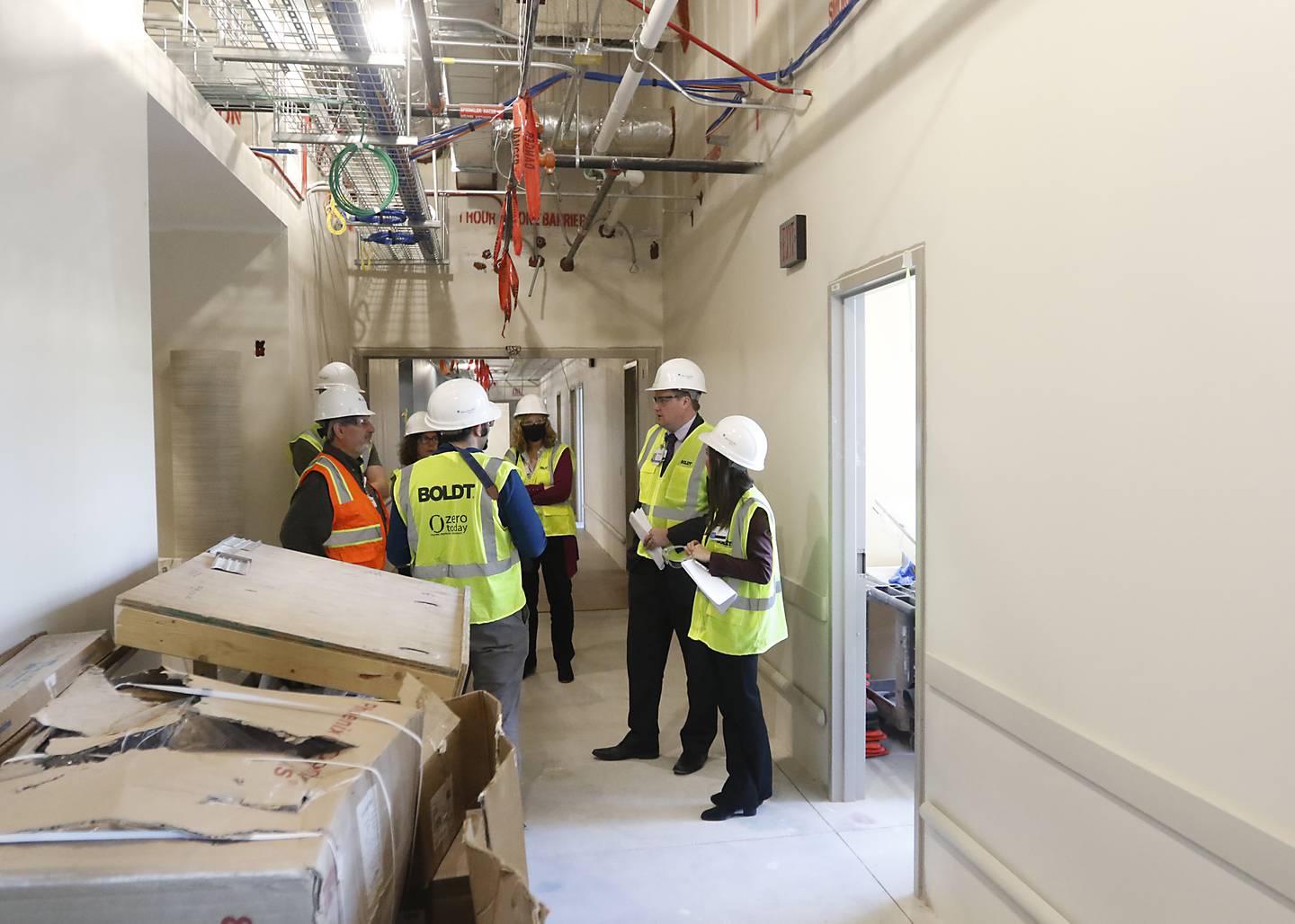 Mercyhealth officials lead members of the media on a tour of the new Mercyhealth Hospital and Medical Center – Crystal Lake, located at intersection of Three Oaks Road and Route 31, on Wednesday, Nov. 9, 2022. When complete, the hospital will be home to the city’s first and only 24/7 emergency room as well as private inpatient, surgery and intensive care suites; diagnostic services; and primary and specialty care doctors offices.