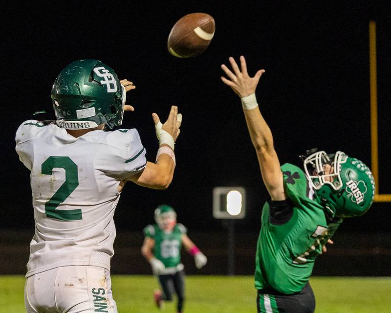Carson Riva (2) of St. Bede looks to catch pass as Wyatt Biffany (7) of Seneca tries to intercept on Friday, Oct. 10, 2025 at Seneca High School in Seneca.
