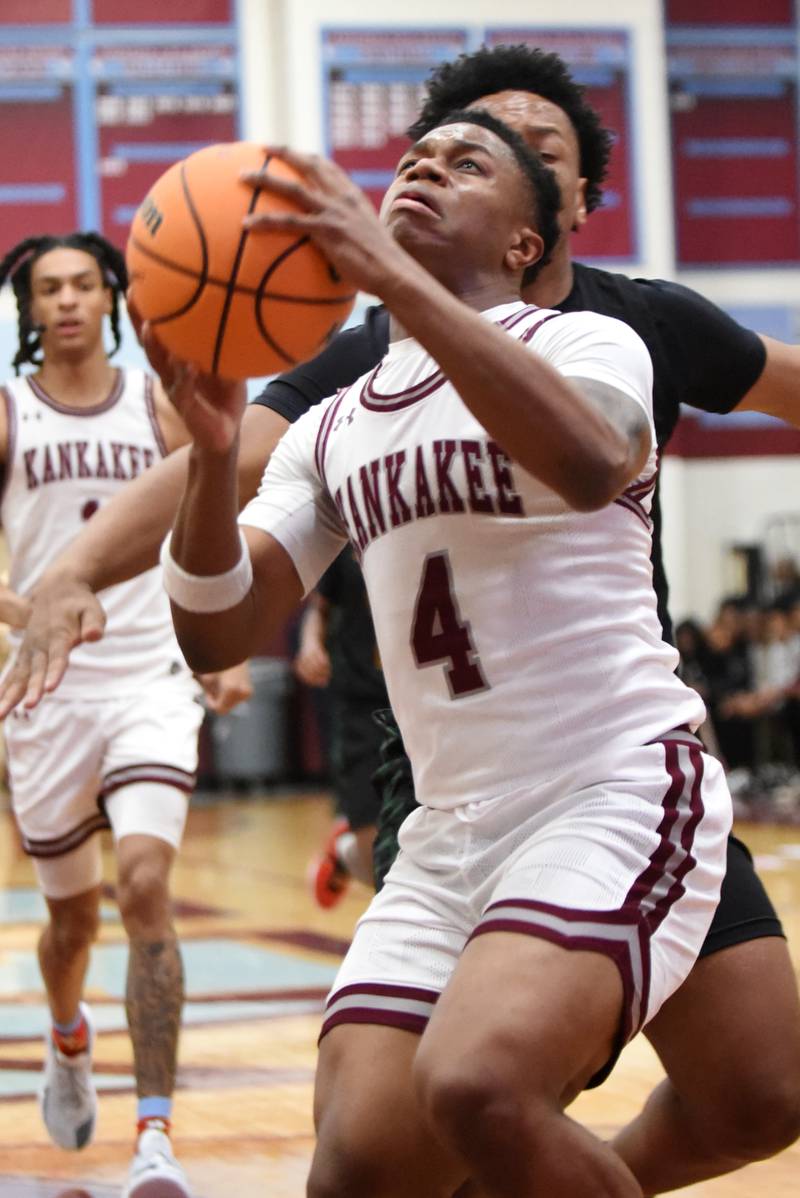 Kankakee's Myair Thompson looks for a layup during a home game against Waubonsie Valley Monday, Feb. 16, 2026.