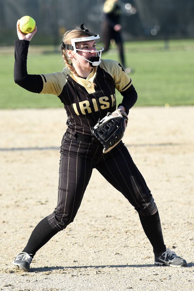 Bishop McNamara's Morgan Niedzwiedz throws the ball during a home game against Aurora Christian Tuesday, April 8, 2025.