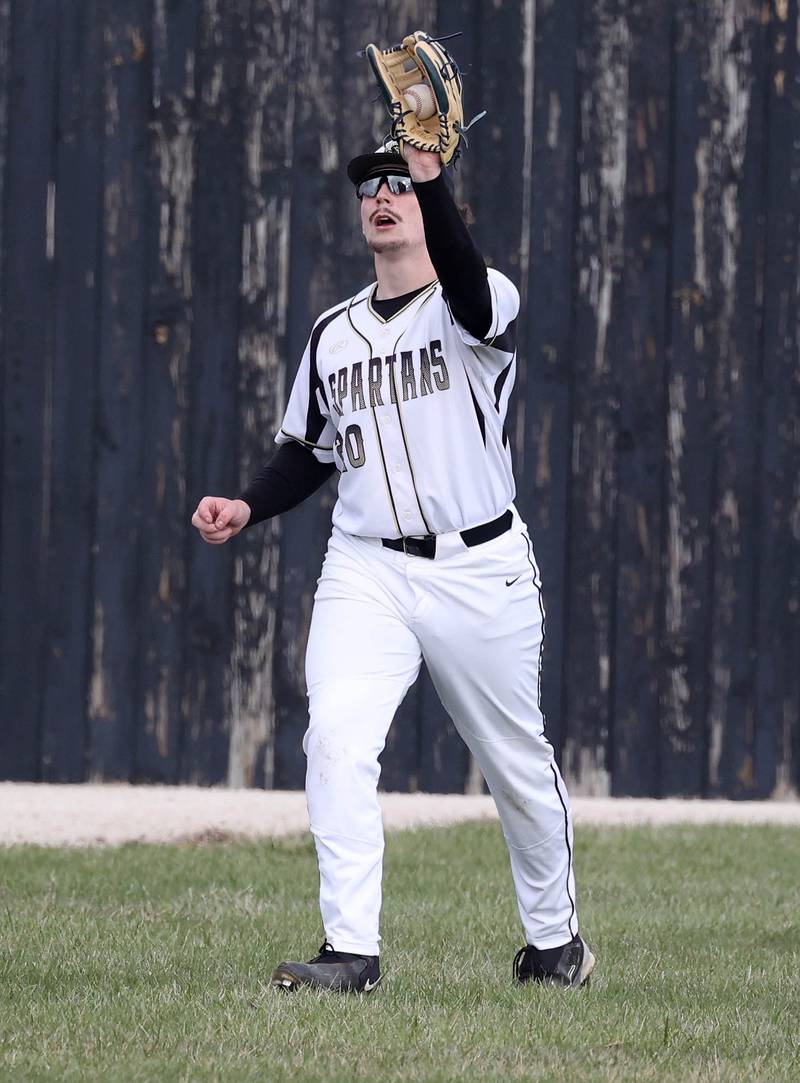 Sycamore's Devin Shaulis catches a flyable in the outfield during their game against St. Charles North Thursday, April 10, 2025, at the Sycamore Sports Complex.