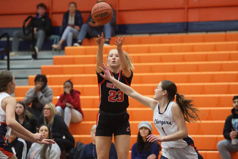 Lincoln-Way Central’s Brooke Baechtold takes the deep shot against Stagg on Monday, Dec. 11th, 2023 in Palos Hills.