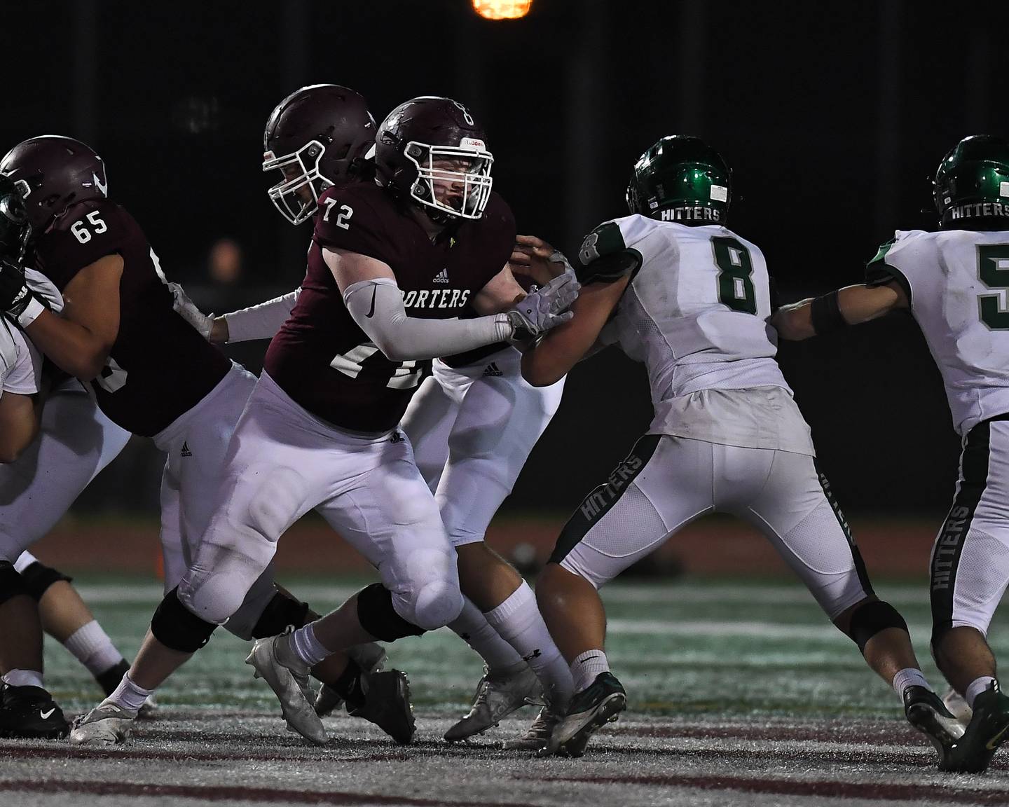 Lockport's offensive lineman Colin Krzeczkowski (72) blocking Glenbard West's Graham Pierce (8) during class 8A second round playoffs on Saturday, Nov. 6, 2021, at Lockport High School in Lockport.