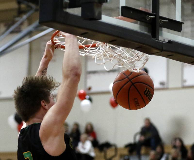 Crystal Lake South's Colton Hess dunks during a Fox Valley Conference boys basketball game against Huntley on Tuesday, Feb.6, 2024, at Huntley High School.