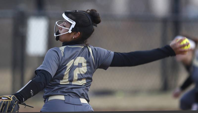 Grayslake North’s Alyson Alvarenga throws a pitch during a nonconference softball game against Prairie Ridge Thursday. March 23, 2023, at Grayslake North High School.