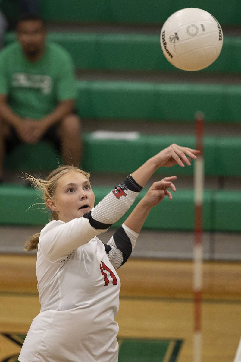 Erie-Prophetstown’s Lauren Abbott plays the ball over the net against Rock Falls on Thursday, Sept. 11, 2025.