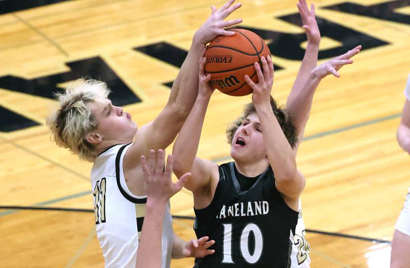 Kaneland's Troyer Carlson has his shot blocked by Sycamore's Burke Gautcher during their game Friday, Feb. 10, 2023, at Sycamore High School.