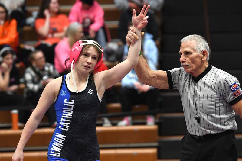 Newman's Kaylee Benyo won by fall over Genoa-Kingston's Violet Sanders to take third in the 120 pound division at the Belvidere Regional on Saturday, Feb. 7, 2026.