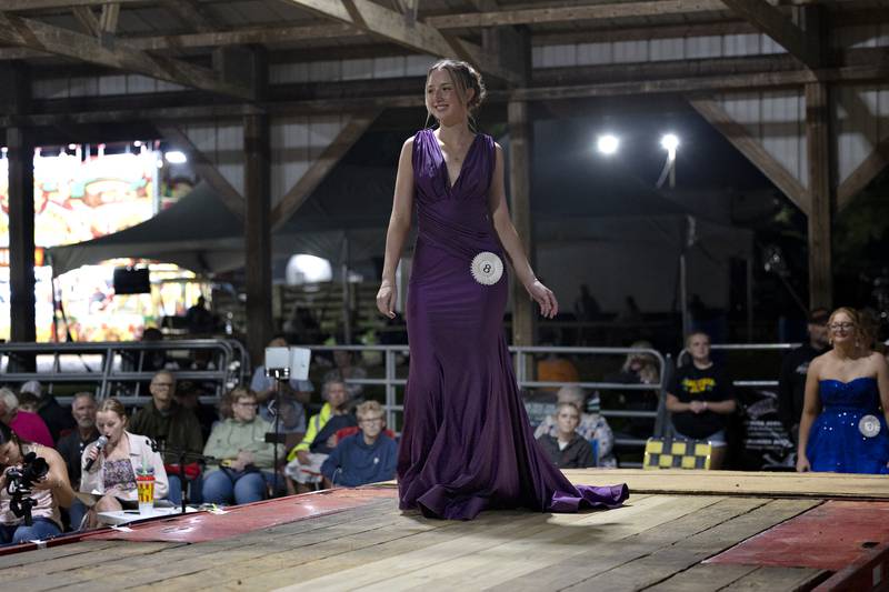 Ruby Mulvaney, 19, competes in the Ogle County Queen pageant Thursday, July 30, 2025, at the Ogle County Fairgrounds.