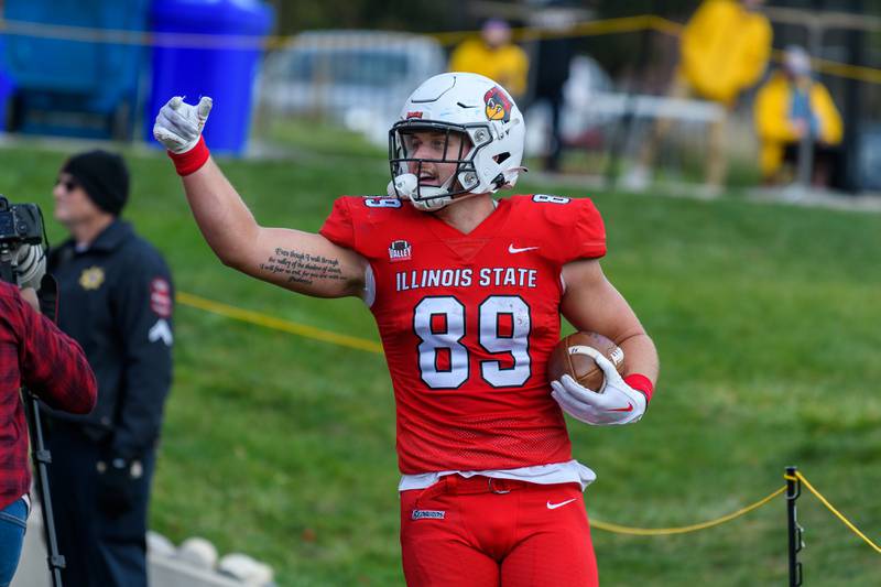 Fieldcrest graduate and Illinois State University senior Cam Grandy celebrates after scoring a touchdown against Indiana State during a game this season.