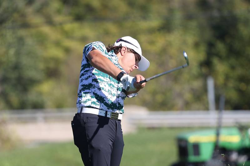 Providence’s Jonathan Schlender tees off the 15th hole in the Class 2A Lemont Boys Golf Sectional on Monday, Oct. 7, 2024 at Wedgewood Golf Course in Lemont.