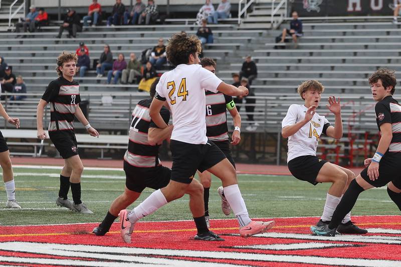 Joliet West’s Ivan Moreno scores off a corner kick against Lincoln-Way Central in the Class 3A Lincoln-Way Central Regional semifinal on Tuesday, Oct. 22, 2024 in New Lenox.