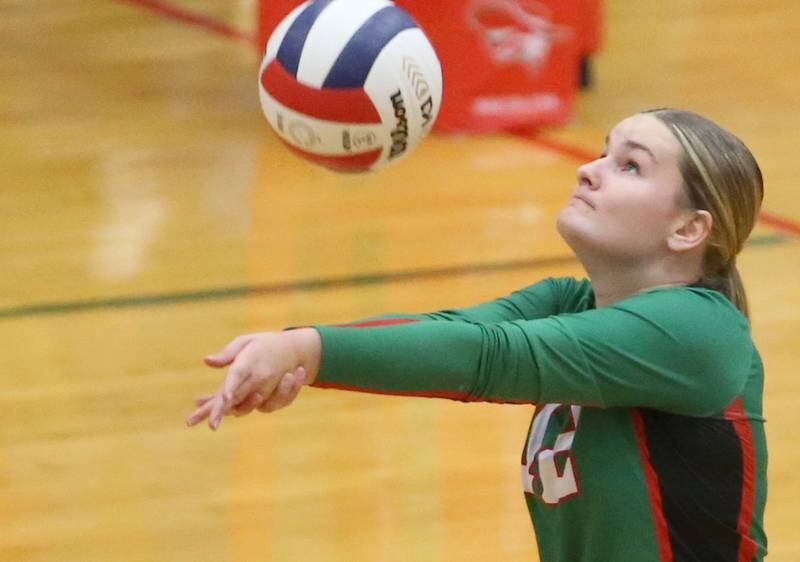 L-P's Emma Jereb sends the ball back to the Sycamore side of the net on Tuesday, Oct. 15, 2024 in AJ Sellett Gymnasium at L-P High School.