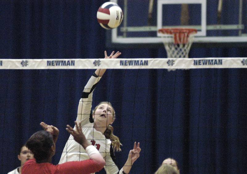 E-P's Lauren Abbott blocks a ball at the net. Erie-Prophetstown took on Oregon in the Class 2A regional volleyball semifinal Tuesday, Oct. 29, 2024 at Newman High School.