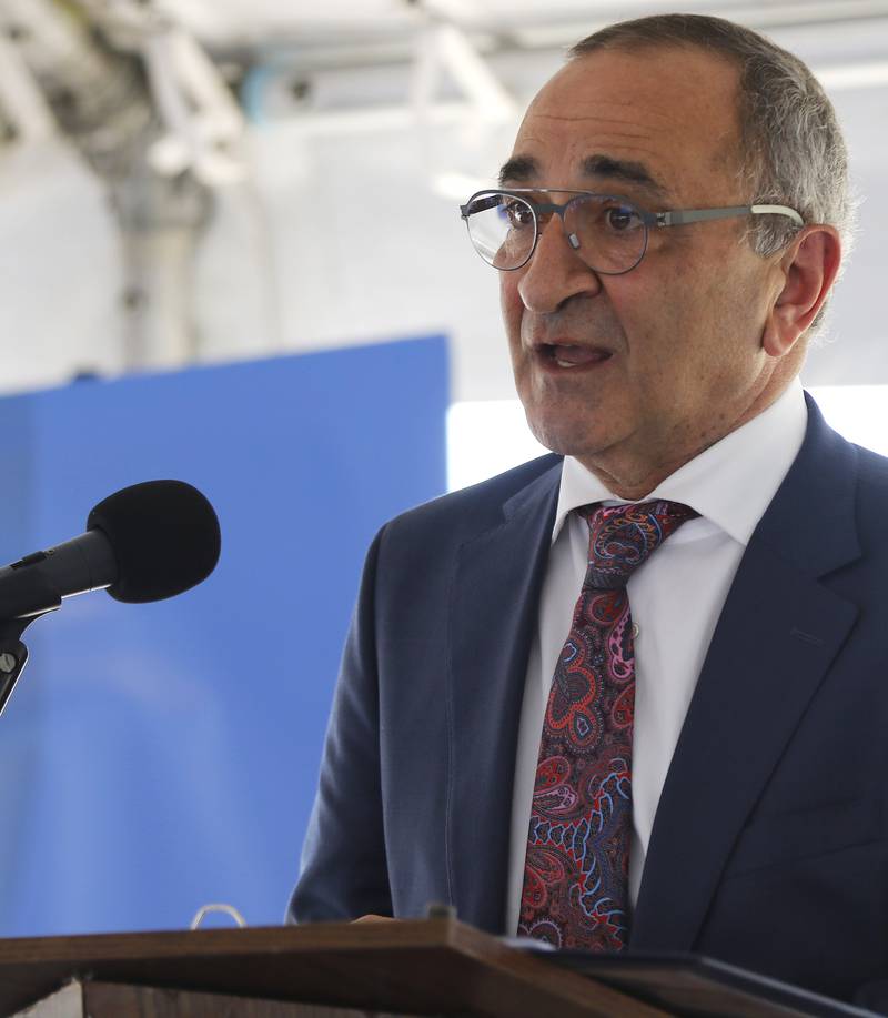 Crystal Lake Mayor Haig Haleblian speaks to attendees during a ground breaking ceremony for a new Mercyhealth hospital at the intersection of Three Oaks Road and Rt. 31 on Wednesday, June 16, 2021 in Crystal Lake.