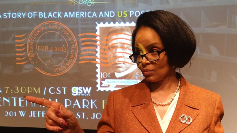 City of Joliet employee Kim Steel portrays Patricia Roberts Harris, the first Black American to serve in a presidential office,  during a recent rehearsal for the production of STAMP, which will be performed two times on Saturday at the Billie Limacher Bicentennial Park and Theatre in Joliet.