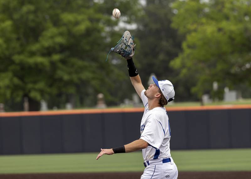 Newman’s Drake Cole camps under a pop-up against Eureka Saturday, June 7, 2025, during the Class 2A state baseball third place game at Illinois Field in Champaign.