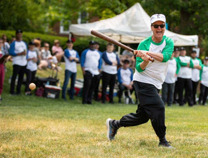 A player on the City of Elmhurst's team swings at a pitch during the Elmhurst Heritage Foundation's Vintage Baseball Game at Elmhurst University Mall on Sunday, June 4, 2023. Both teams from the city of Elmhurst and Elmhurst University played with baseball rules from 1850.