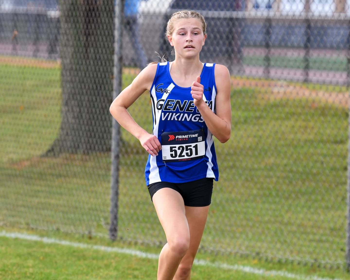 Sofia Borter of Geneva competes in the DuKane Conference meet on Saturday Oct. 18, 2025, held at Lake Park High School East's campus where she finished 3rd with a time of 17:30.0.