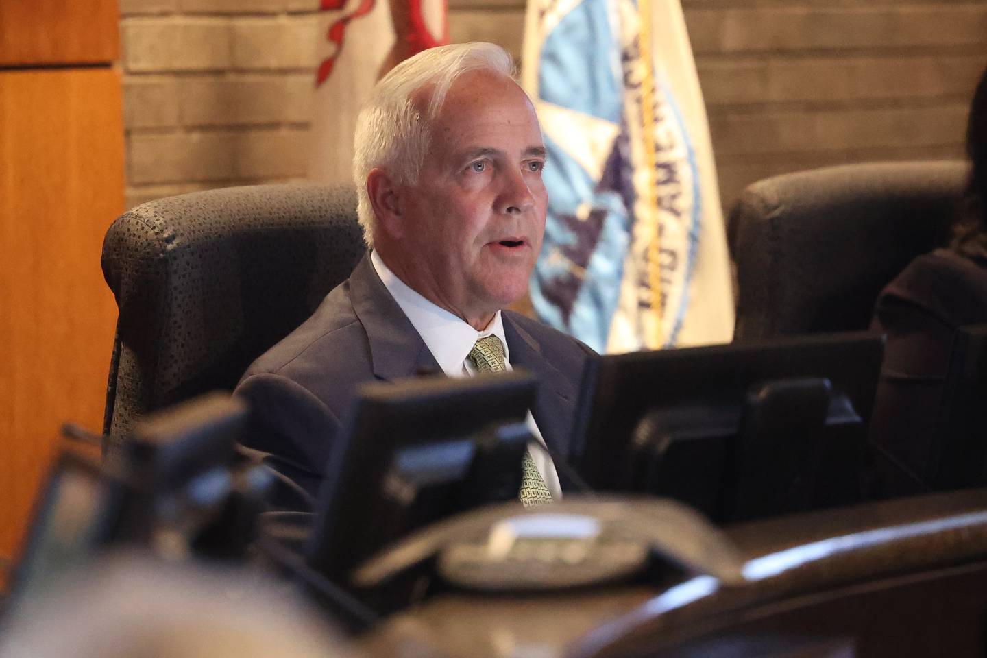 Mayor Terry D’Arcy addresses the public saying he did not approve, agree to or sign a grant agreement to help asylum seekers at the Joliet City Council Meeting on Tuesday, Oct. 3, 2023 in Joliet.