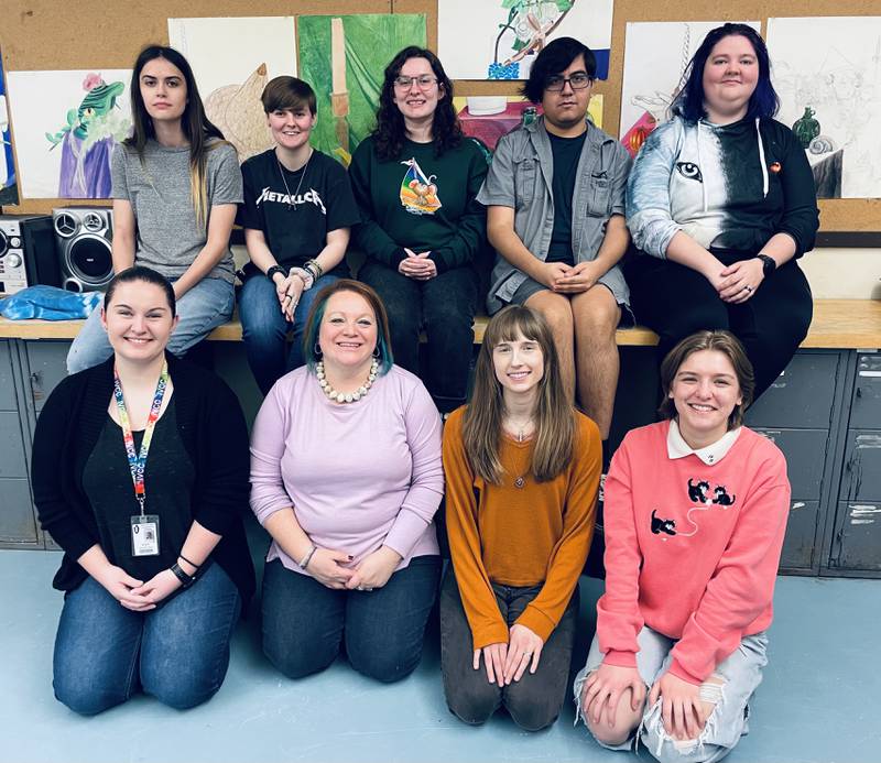 Illinois Valley Community College artists competing at Northern Illinois University were instructors Rachael Olson, (left front) and Shannon Slaight Brown and students Michaela Hope Russell and Kaya Watson, (back left) Jae Ferguson, Tobi Alnwick, Aurora Castelli, Manuel Solano and Erin Dunlap. Bruce Barr and Torie Larvaire were unavailable for the photo.