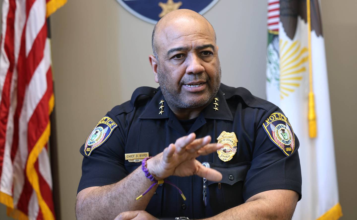 DeKalb Police Chief David Byrd talks Thursday, April 16, 2026, at the police department, about his first five year’s on the job in DeKalb.