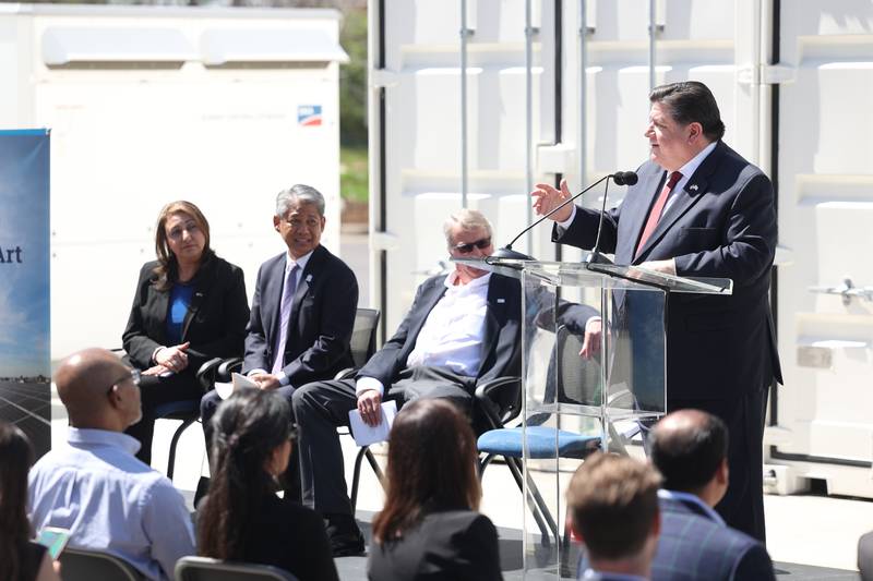 Governor J.B. Pritzker speaks outside the G&W Electric building in Bolingbrook. G&W Electric was given a rebate of $2.6 million, the largest rebate to date in Illinois, as part of ComEd’s Distributed Generation Rebate Program.