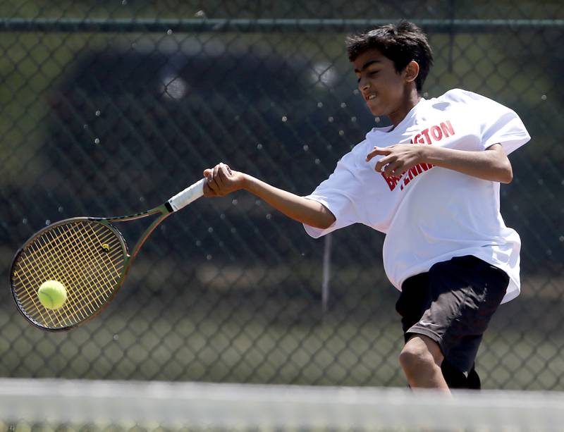 Barrington’s Hadi Dossani returns the ball during an IHSA 2A boys singles tennis match Thursday, May 25, 2023, at Barrington High School.