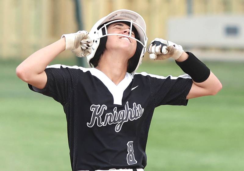 Kaneland's Jenna Harper flexes her muscles after hitting a double Tuesday, May 31, 2022, during their Class 3A Sectional semifinal game against Sterling at Sycamore High School.