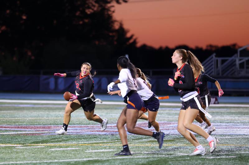 Yorkville's Kayla Kersting runs the ball against Oswego during the Foxes' 2-1 overtime victory over Oswego in the IHSA Kankakee Regional championship game on Thursday, Oct. 9, 2025.