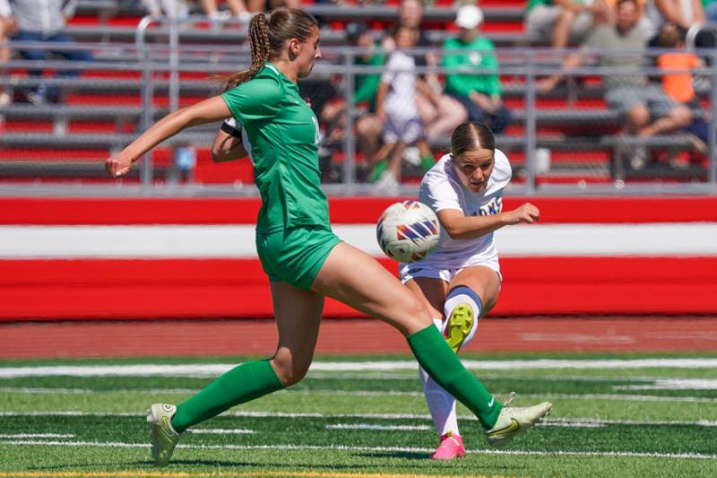 Lyons’ Josie Pochocki (2) shoots the ball against York’s Stella Kohl (24) during a Class 3A Hinsdale Central Sectional girls soccer championship match at Hinsdale Central High School on Saturday, May 25, 2024.