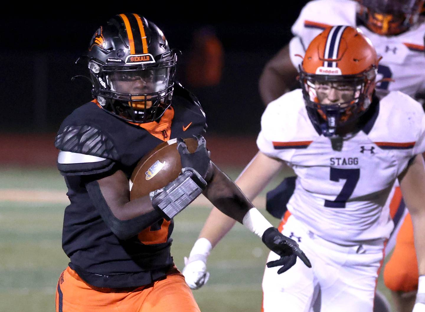 DeKalb's Mariyan Dudley gets through the Stagg defense for a big gain during their game Friday, Oct. 25, 2024, at DeKalb High School.