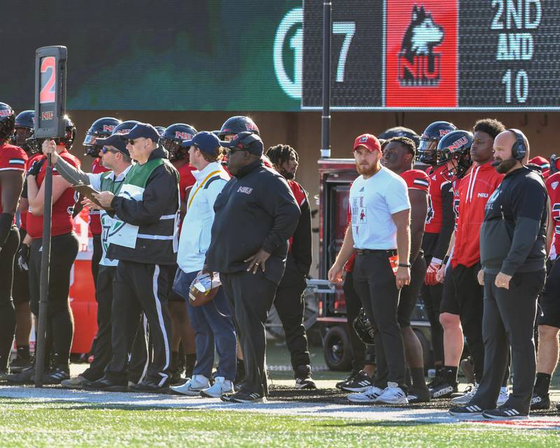 Northern Illinois head coach Thomas Hammock looks on during the second quarter while taking on Toledo on Saturday Nov. 8th.