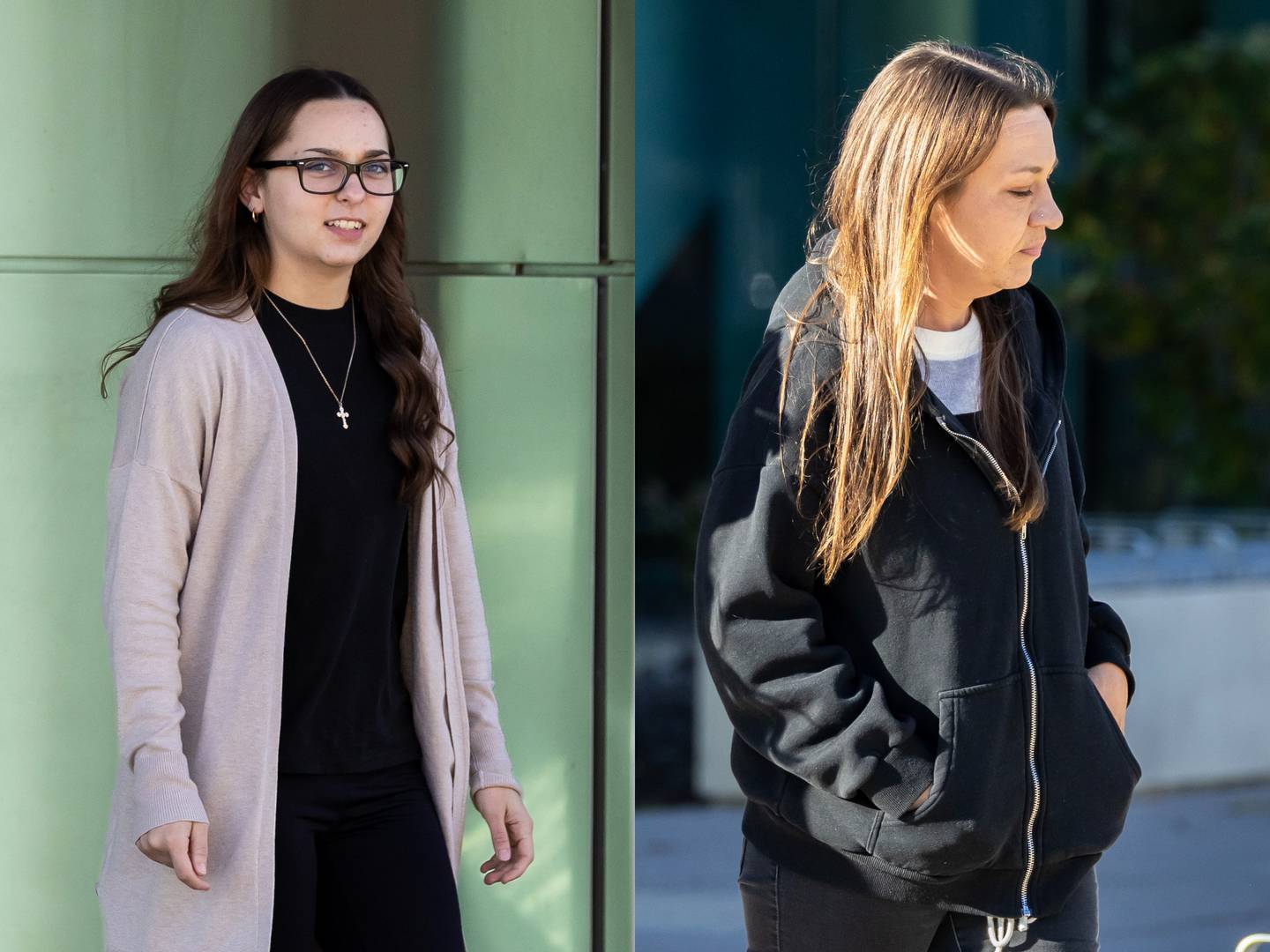 Ryanne Burgett-Masse, 20, (left) and Amy Burgett-Masse, 45, both of Elwood, exit the Will County Courthouse in Joliet on Oct. 29, 2025.