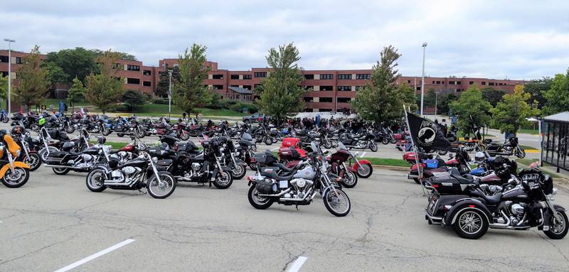 Motorcycles are staged outside the James A. Lovell Federal Health Care Center before the 2019 Thunder Run to raise awareness for MIAs and POWs. This year’s event is the 19th annual and is scheduled for Sept. 19.