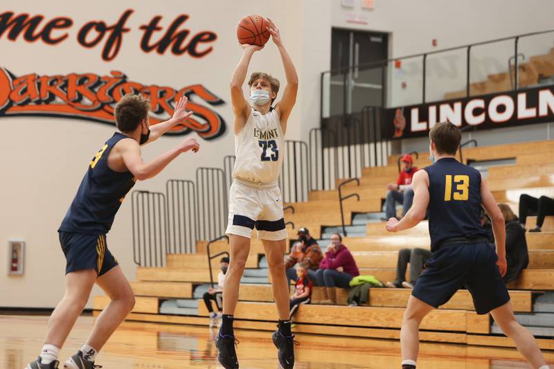 Lemont’s Nojus Indrusaitis o=puts up a shot against Neuqua Valley in the Warrior Showdown shootout at Lincoln-Way West. Saturday, Jan. 29, 2022 in New Lenox.