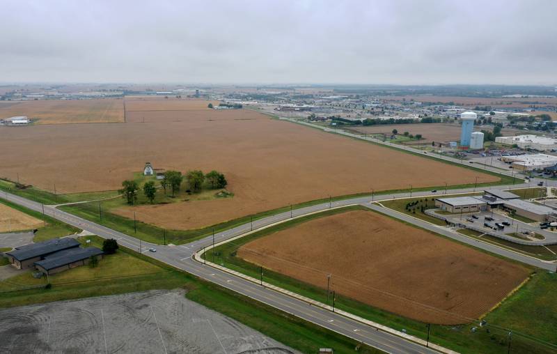 An aerial view looking northeast of the intersection of Plank Road and Midtown Road and Peoria Street on Tuesday, Sept. 24, 2024 in Peru. The City of Peru released a drawing at the past city council meeting to give residents an idea of how a multi-faceted sports complex and city center may be laid out in Peru.