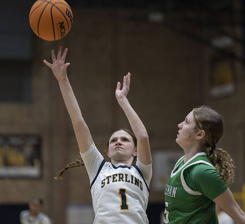 Sterling’s Brenley Johnson puts up a shot against Alleman’s Keira Hancock Thursday, Jan. 29, 2026.