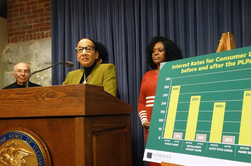 Sen. Jacqueline Collins, D-Chicago, speaks at a news conference Wednesday in favor of a bill to cap the interest rate pawn brokers can charge on short-term loans. (Capitol News Illinois photo by Peter Hancock)