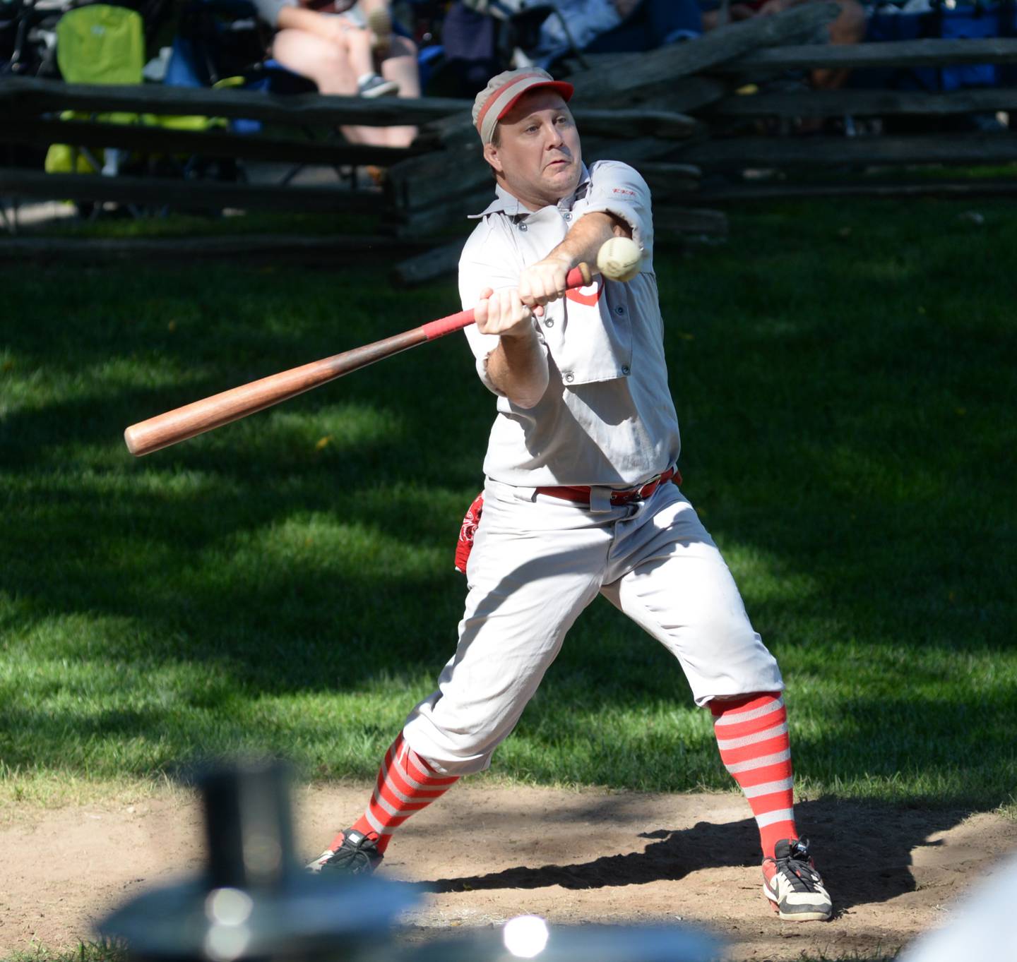 Aaron "Two Bits" Berg bats for the Oregon Ganymedes in their opening game at the 21st Annual World Tournament of Historic Base Ball in Dearborn, Michigan on Saturday, Aug. 10, 2024. The Ganymedes won the game and will play a second game at 3:30 p.m.