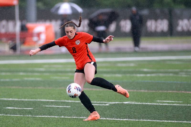 Crystal Lake Central’s Peyton McMahon kicks the ball during the Class 2A state championship game against Triad at North Central College in Naperville on Saturday, June 1, 2024.