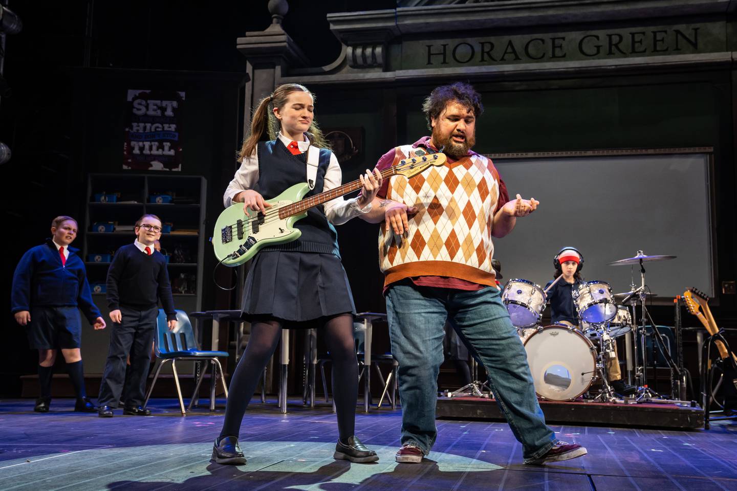 Julia Dale (left) is Katie and Nick Druzbanski plays Dewey Finn in Paramount Theatre’s School of Rock, based on the hit Jack Black movie, with new music from Andrew Lloyd Webber. Trent Stork directs. Performances are April 12-June 4, 2023. For tickets and information, visit paramountaurora.com, or call (630) 896-6666. Photo credit: Liz Lauren