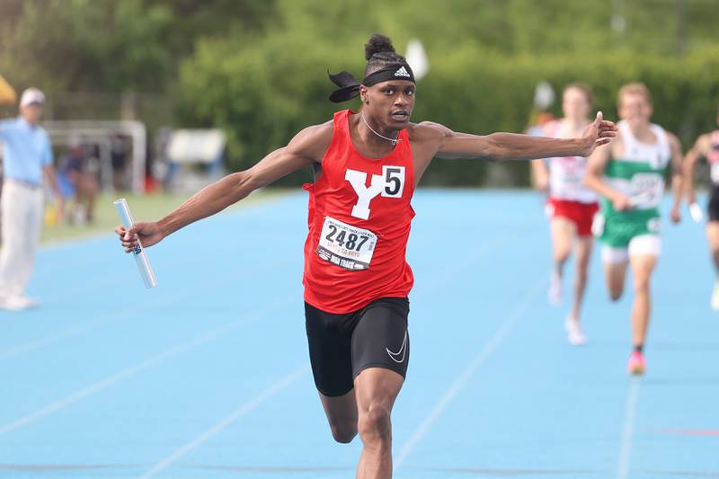 Yorkville’s Josh Pugh crosses the finish line for first in the Class 3A 4x400 Meter Relay State Finals on Saturday, May 27, 2023 in Charleston.