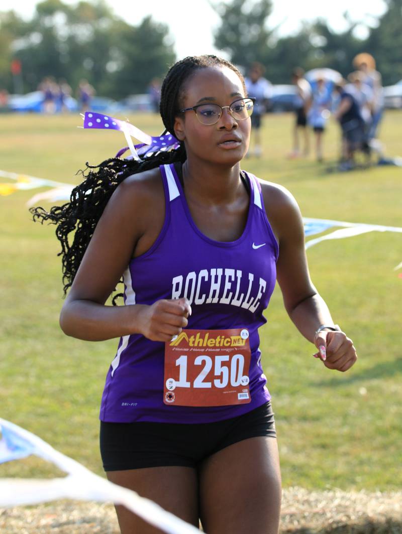 Rochelle's Bella Biggs runs during a meet held at Skare Park.