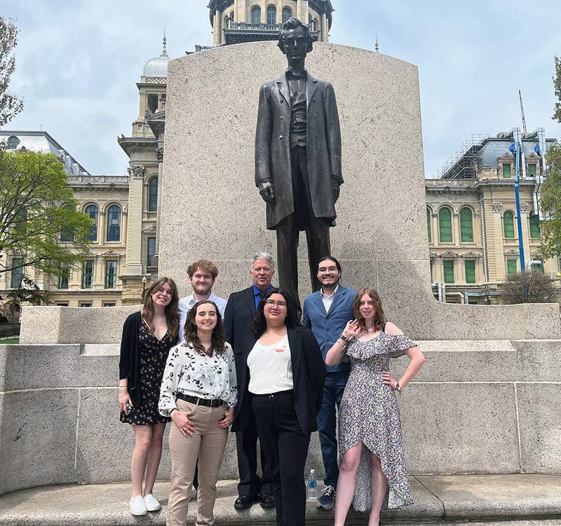 In the front row from left are Allayna Elnicki, Jennifer Cortes, and Mary Lowery, and in the back row, from left, are Emilina Coss, Ashton Watkins, faculty adviser Mike Phillips, and Daniel Sack.