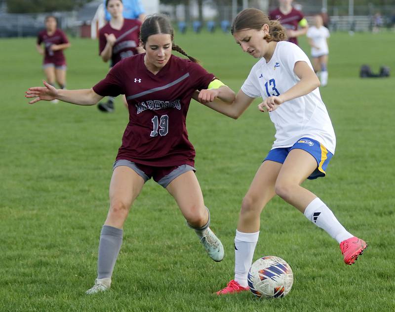 Johnsburg’s Dorothy Ruth (right) controls the ball in front of Marengo's Regan Heimsoth during a Kishwaukee River Conference soccer match on Wednesday, April 15, 2026, at Marengo High School.