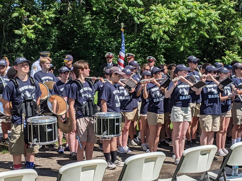 Oswego East High School Marching Band participates in a Memorial Day ceremony at Oswego Township Cemetery  on Monday, May 25, 2026.